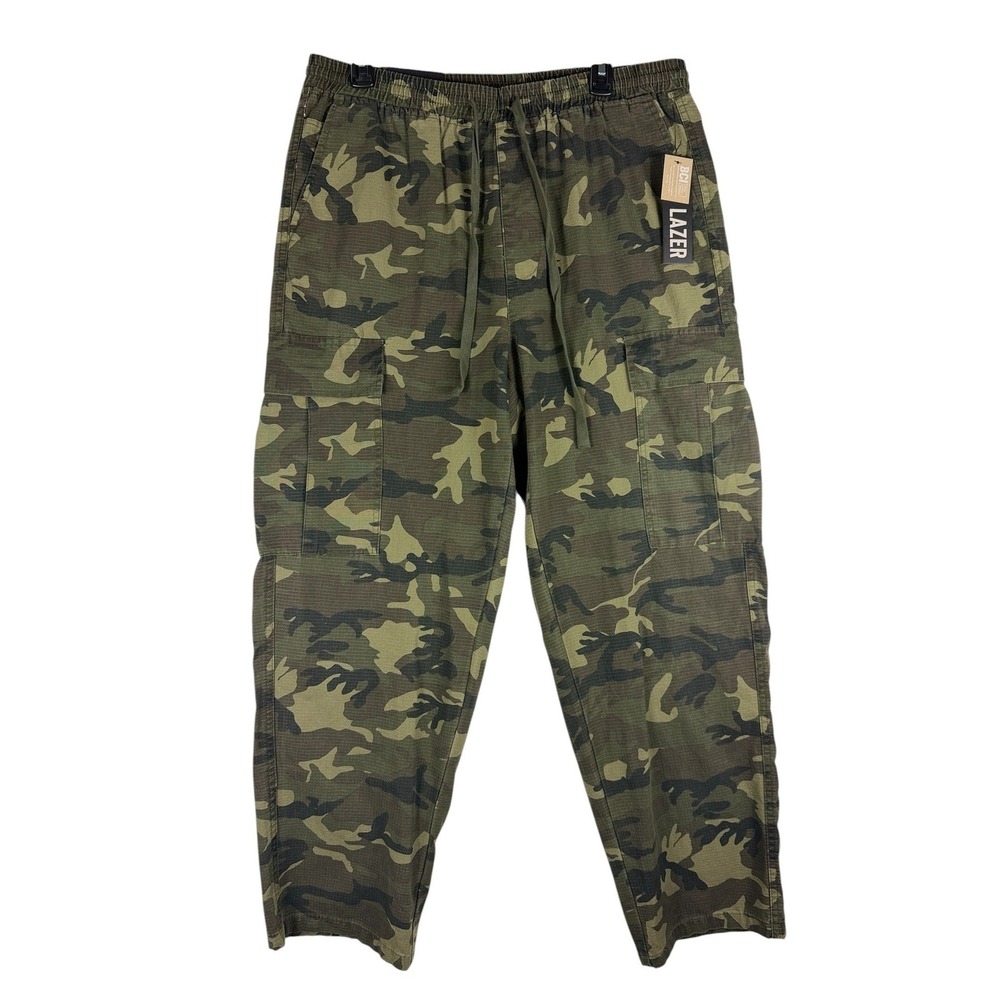 LAZER Mens Loose Fit Cargo Pants Green Camo Ripstop Elastic Waist‎ Size L NEW